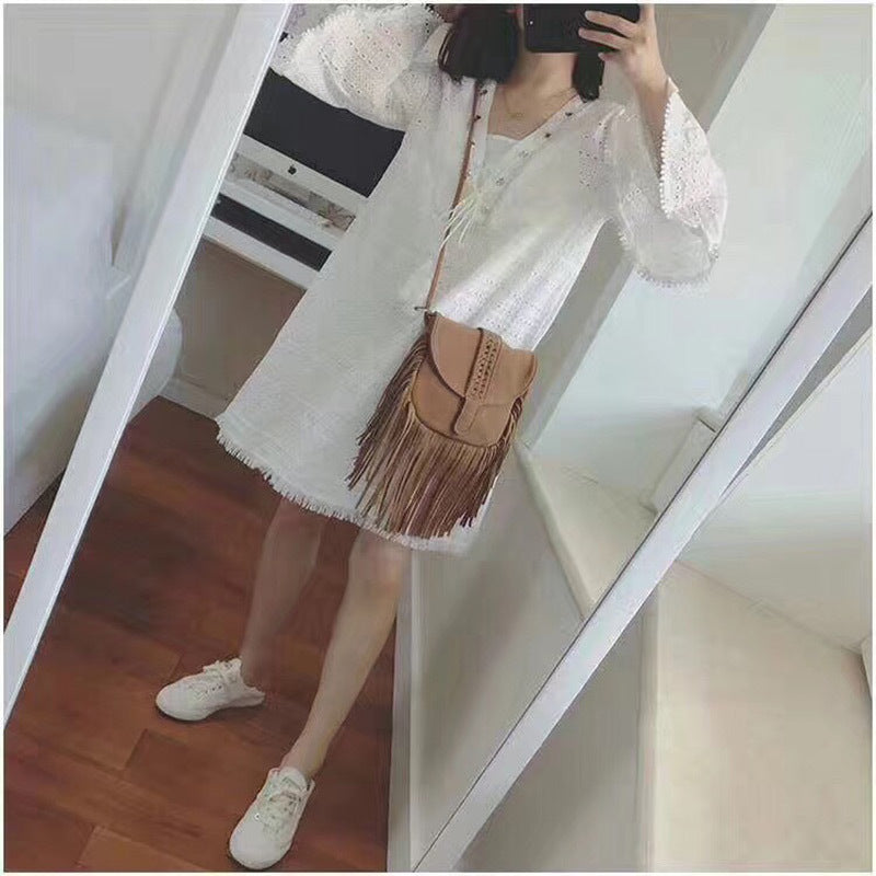 Wholesale Bohemian Covered Braided Half Circle Soft Leather Tassel Shoulder Crossbody Bag
